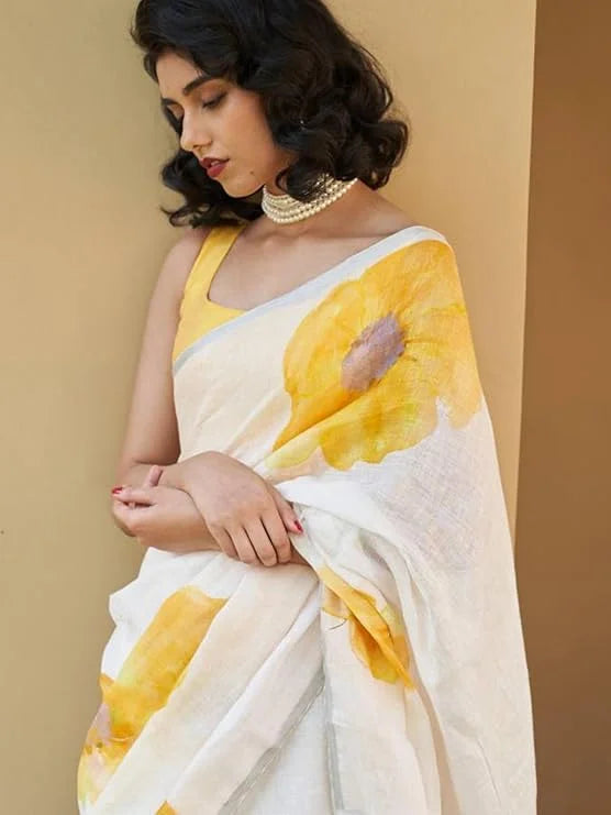 Digital Printed Linen Cotton White With Yellow Floral Print Saree