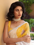 Digital Printed Linen Cotton White With Yellow Floral Print Saree