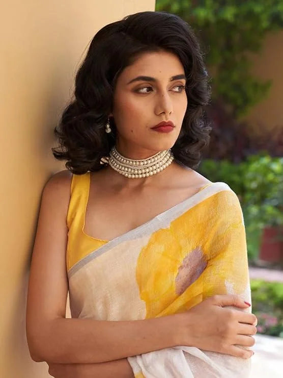 Digital Printed Linen Cotton White With Yellow Floral Print Saree