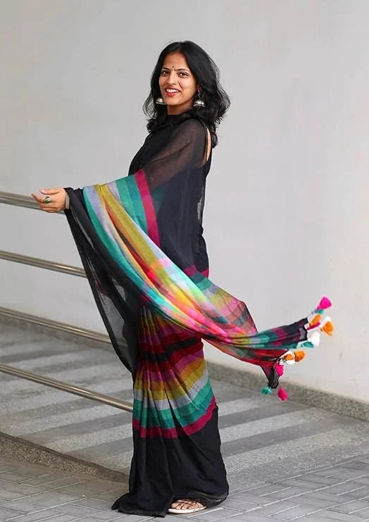 Linen Cotton Saree with Digital Printed Multicolor Stripes, Black Base, Traditional Design, Tassels