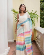 Linen Cotton Saree with Digital Printed Multicolor Stripes, Black Base, Traditional Design, Tassels