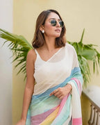 Linen Cotton Saree with Digital Printed Multicolor Stripes, Black Base, Traditional Design, Tassels