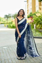 Linen Cotton Saree with Blouse Piece, Temple Border Design