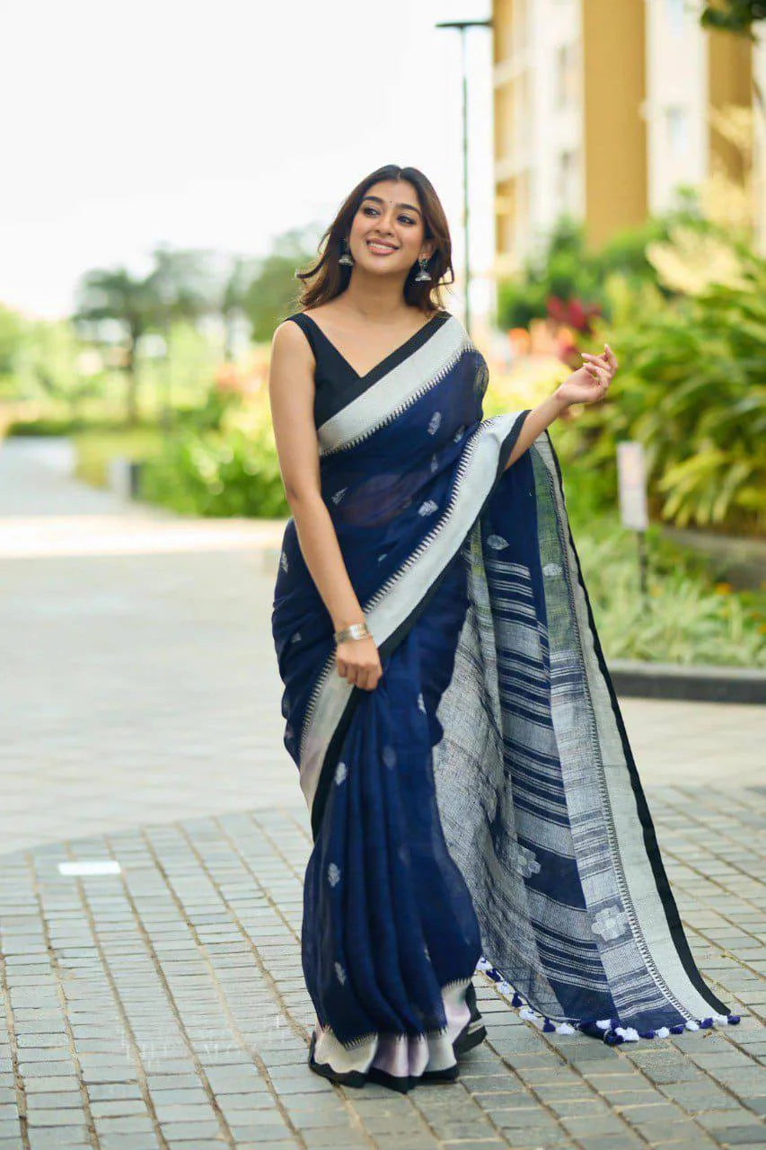 Linen Cotton Saree with Blouse Piece, Temple Border Design