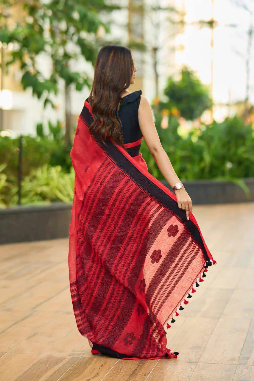 Linen Cotton Saree with Blouse Piece, Temple Border Design