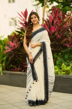 Linen Cotton Saree with Blouse Piece, Temple Border Design