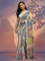 Multicolor Abstract Print Linen Cotto  Saree, Geometric Pattern, Casual Wear