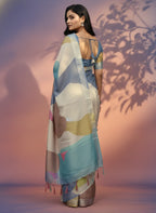 Multicolor Abstract Print Linen Cotto  Saree, Geometric Pattern, Casual Wear
