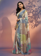 Multicolor Abstract Print Linen Cotto  Saree, Geometric Pattern, Casual Wear