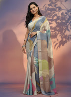 Multicolor Abstract Print Linen Cotto  Saree, Geometric Pattern, Casual Wear