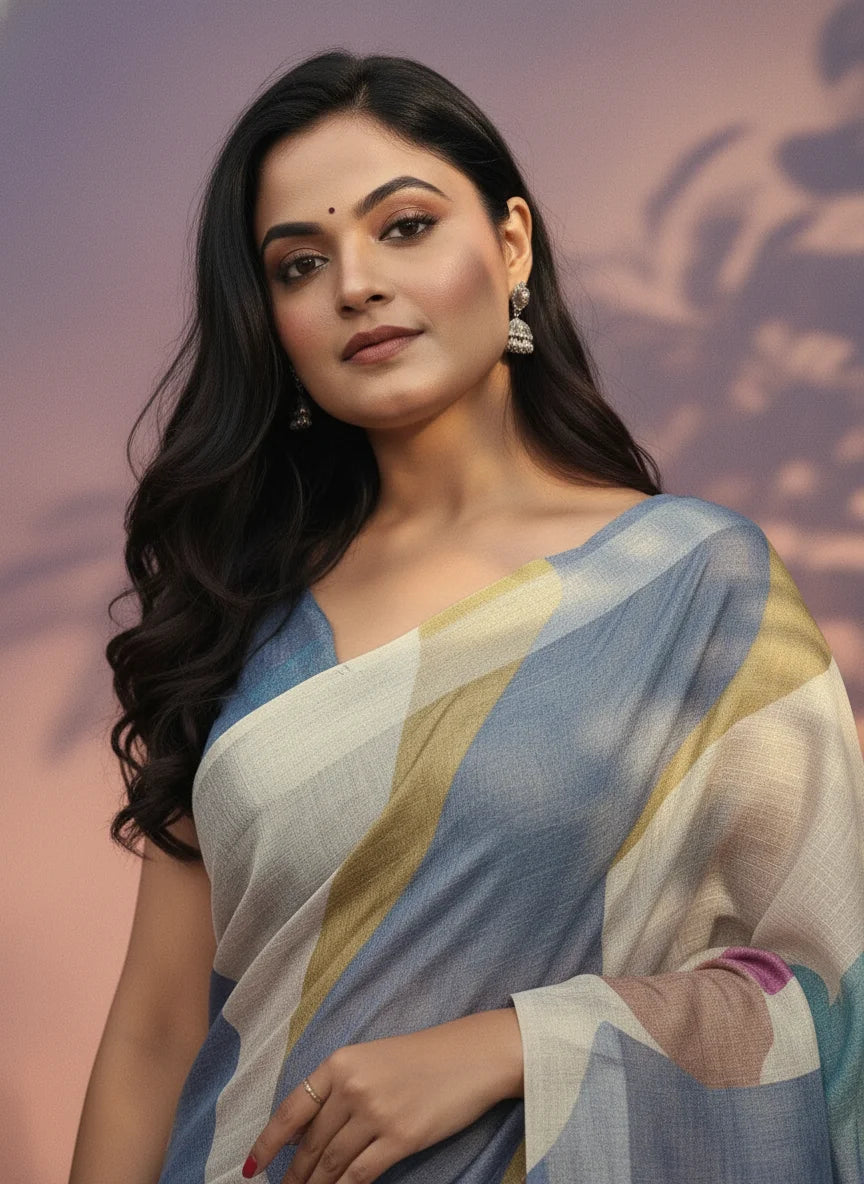 Multicolor Abstract Print Linen Cotto  Saree, Geometric Pattern, Casual Wear