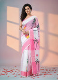 Pink Digital Printed Saree with Beach Theme Design, Linen Cotton