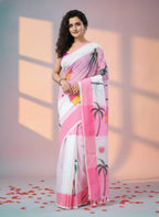 Pink Digital Printed Saree with Beach Theme Design, Linen Cotton