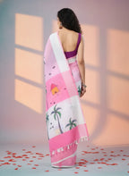 Pink Digital Printed Saree with Beach Theme Design, Linen Cotton