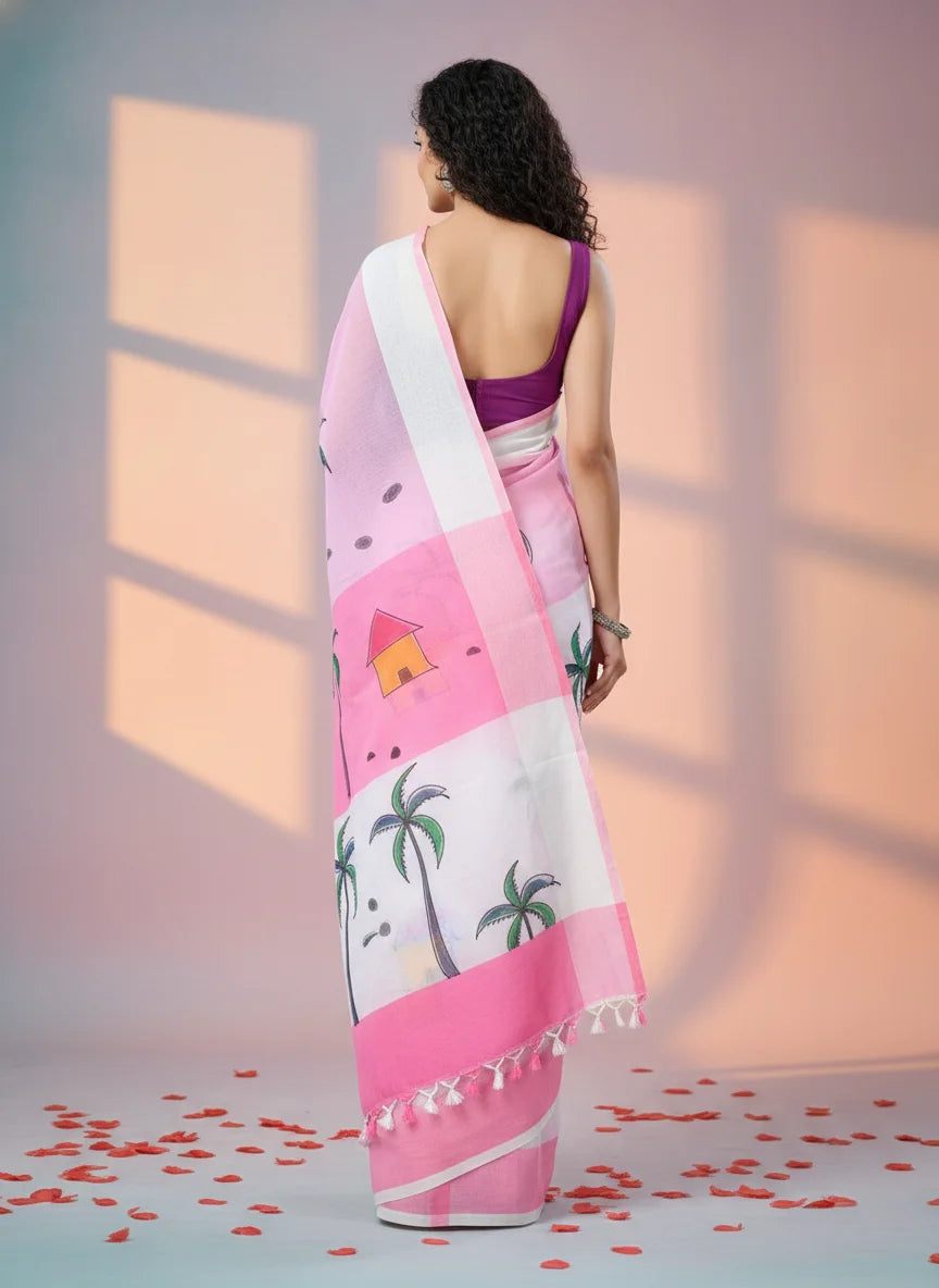 Pink Digital Printed Saree with Beach Theme Design, Linen Cotton