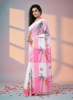 Pink Digital Printed Saree with Beach Theme Design, Linen Cotton