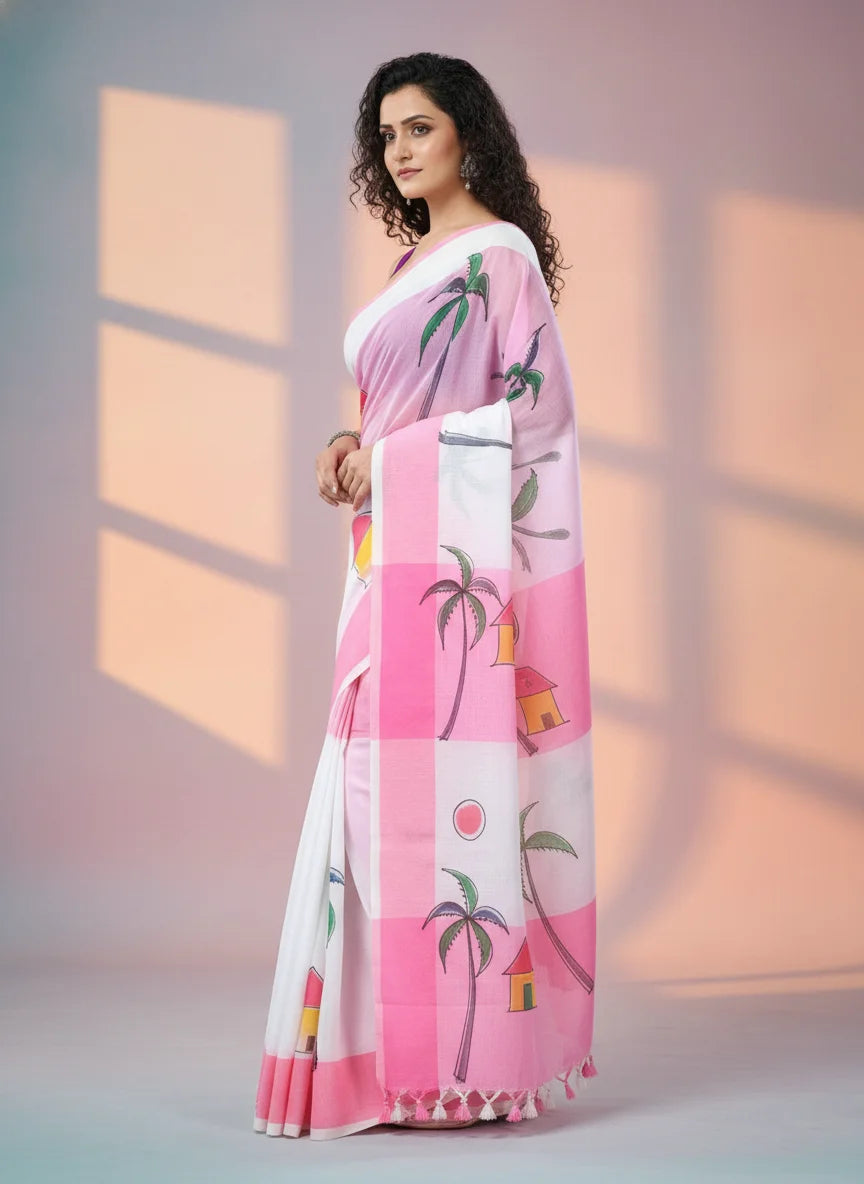 Pink Digital Printed Saree with Beach Theme Design, Linen Cotton