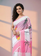Pink Digital Printed Saree with Beach Theme Design, Linen Cotton