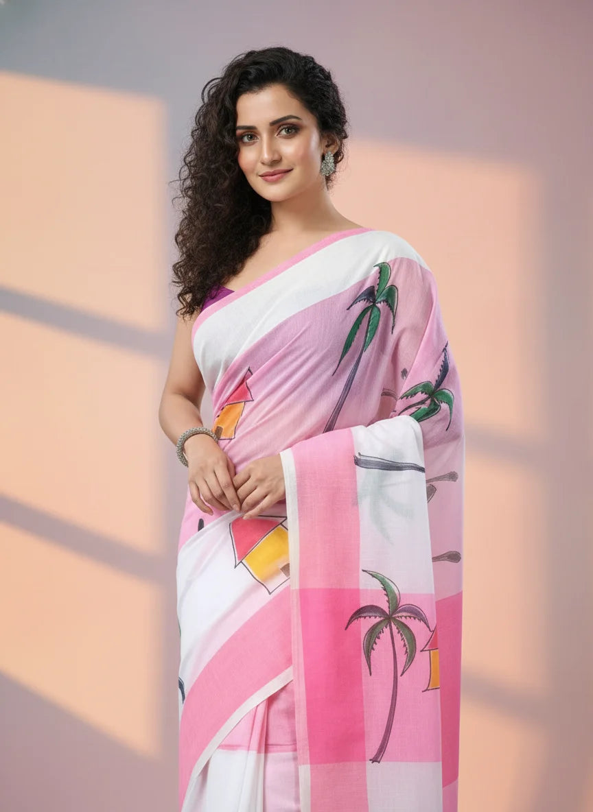 Pink Digital Printed Saree with Beach Theme Design, Linen Cotton