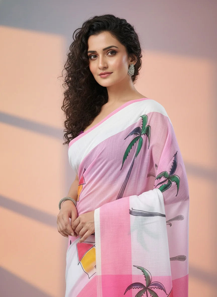 Pink Digital Printed Saree with Beach Theme Design, Linen Cotton