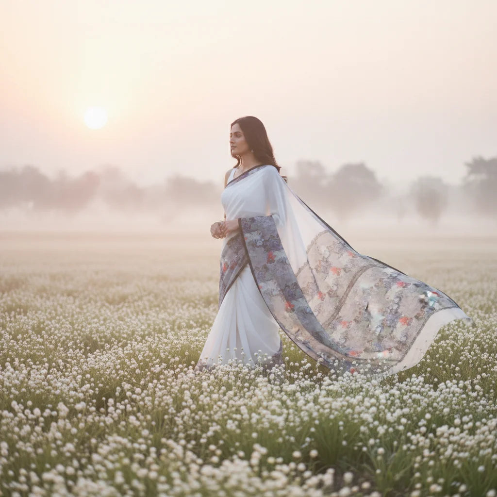White Saree with Grey Floral Printed Border, Traditional Indian Ethnic Wear