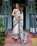 Linen Cotton Saree with Elephant Print Border, Off-White with Grey Border, Pink Floral Motifs, Traditional Indian Wear