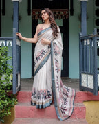 Linen Cotton Saree with Elephant Print Border, Off-White with Grey Border, Pink Floral Motifs, Traditional Indian Wear