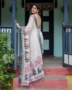 Linen Cotton Saree with Elephant Print Border, Off-White with Grey Border, Pink Floral Motifs, Traditional Indian Wear