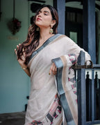 Linen Cotton Saree with Elephant Print Border, Off-White with Grey Border, Pink Floral Motifs, Traditional Indian Wear