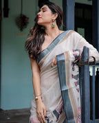 Linen Cotton Saree with Elephant Print Border, Off-White with Grey Border, Pink Floral Motifs, Traditional Indian Wear