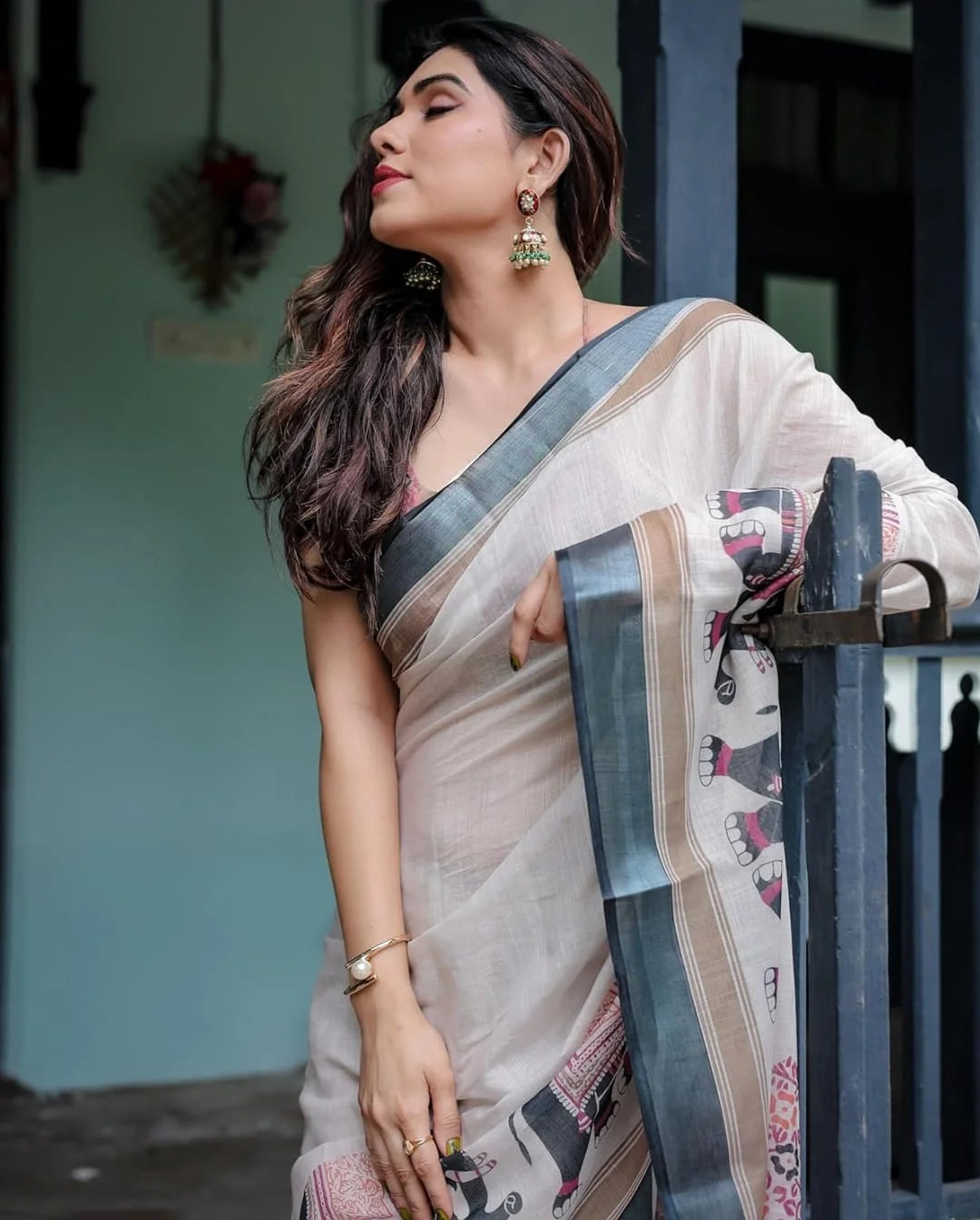 Linen Cotton Saree with Elephant Print Border, Off-White with Grey Border, Pink Floral Motifs, Traditional Indian Wear