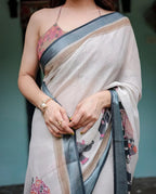 Linen Cotton Saree with Elephant Print Border, Off-White with Grey Border, Pink Floral Motifs, Traditional Indian Wear