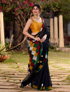 Black Saree with Multicolor Checkered Border, Traditional Indian Ethnic Wear, Linen Cotton Blend