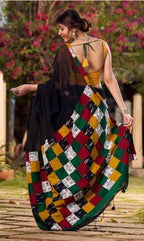 Black Saree with Multicolor Checkered Border, Traditional Indian Ethnic Wear, Linen Cotton Blend