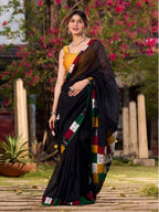 Black Saree with Multicolor Checkered Border, Traditional Indian Ethnic Wear, Linen Cotton Blend