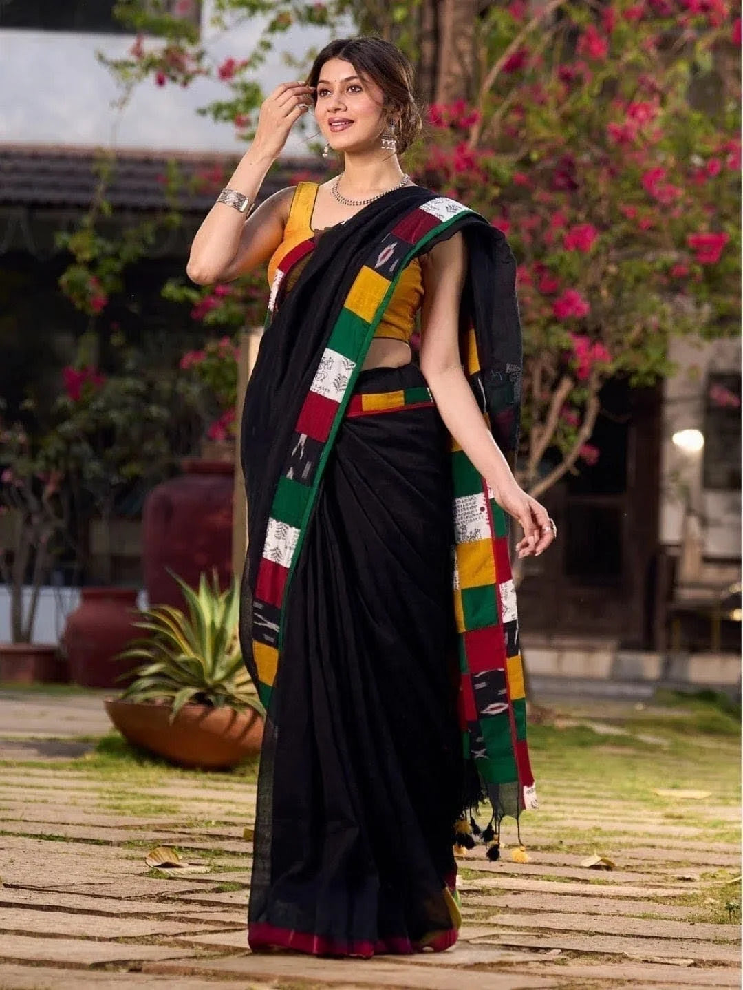 Black Saree with Multicolor Checkered Border, Traditional Indian Ethnic Wear, Linen Cotton Blend