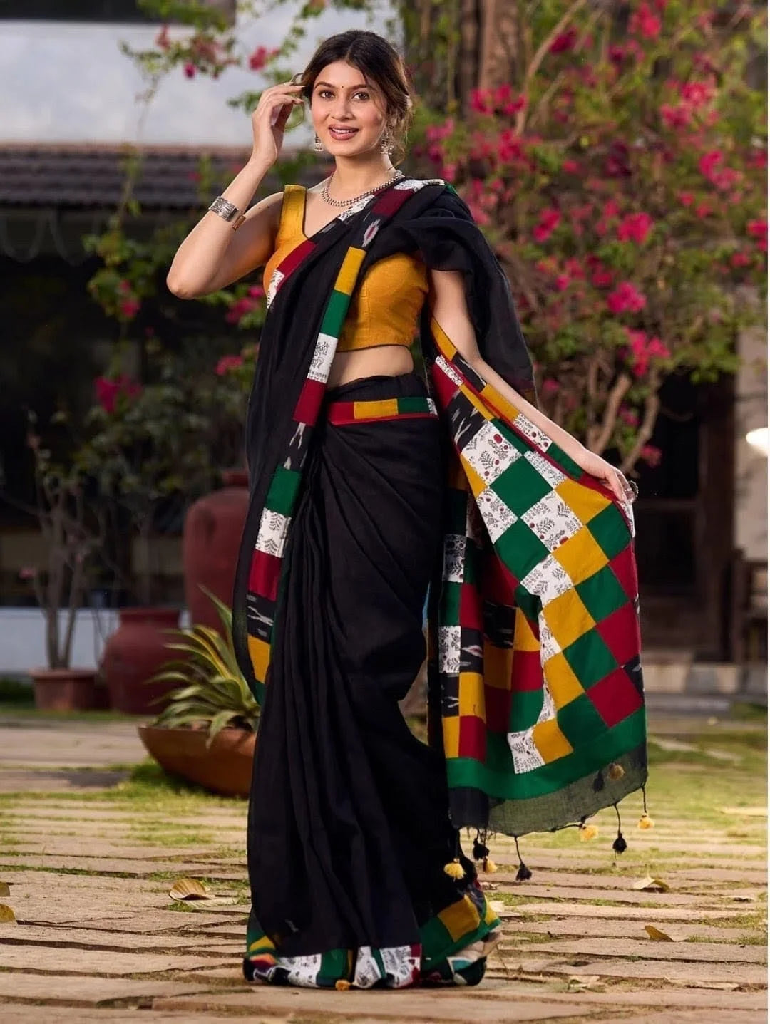 Black Saree with Multicolor Checkered Border, Traditional Indian Ethnic Wear, Linen Cotton Blend