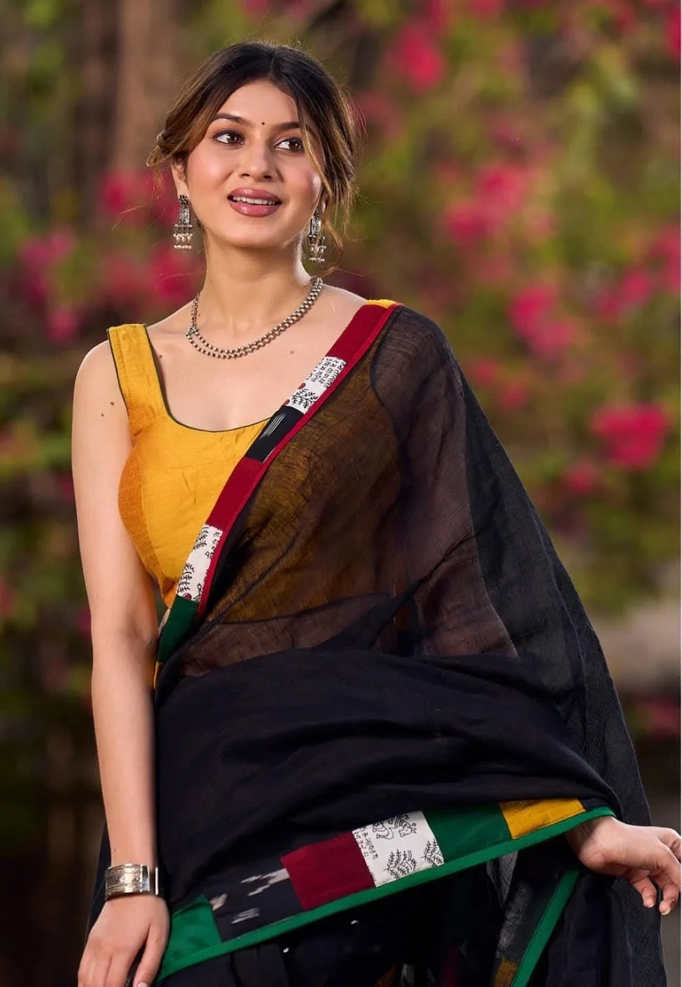 Black Saree with Multicolor Checkered Border, Traditional Indian Ethnic Wear, Linen Cotton Blend