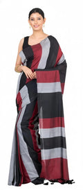 Cotton Linen Saree with Striped Pattern, Black Grey Maroon, Tassel Details, Traditional Indian Wear
