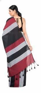 Cotton Linen Saree with Striped Pattern, Black Grey Maroon, Tassel Details, Traditional Indian Wear