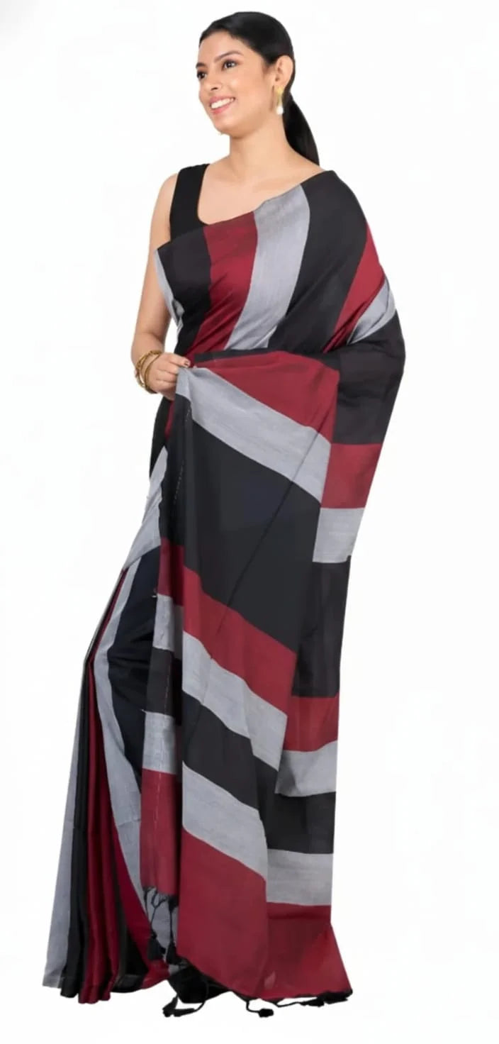 Cotton Linen Saree with Striped Pattern, Black Grey Maroon, Tassel Details, Traditional Indian Wear