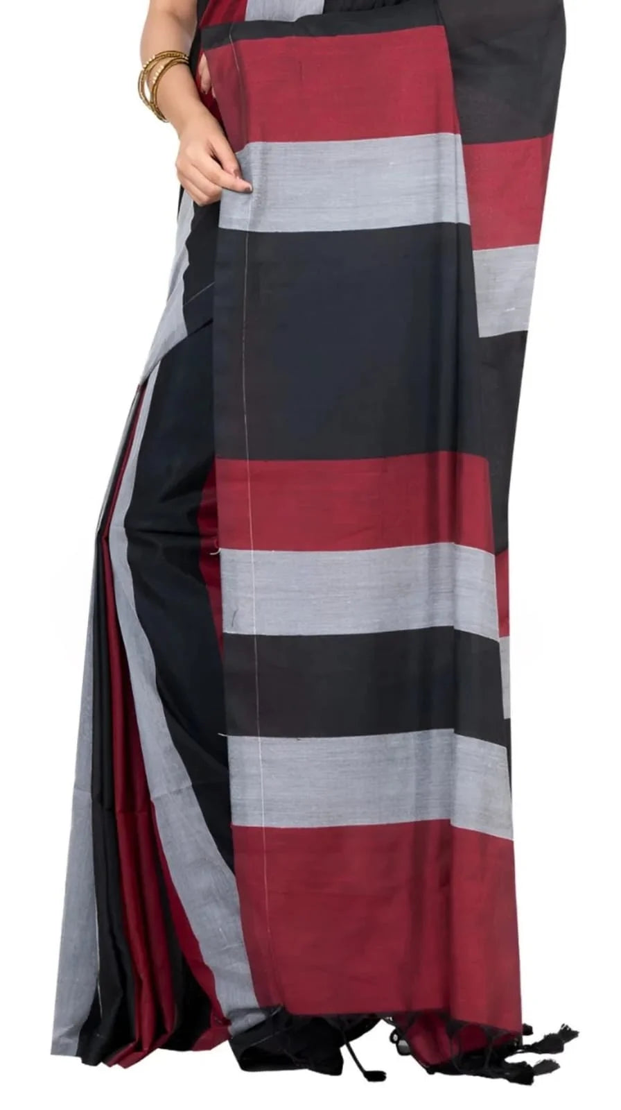 Cotton Linen Saree with Striped Pattern, Black Grey Maroon, Tassel Details, Traditional Indian Wear