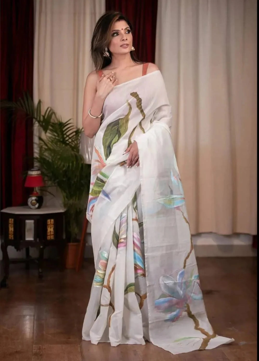White Linen Cotton Saree with Digital Painted Floral Design, Multicolor Lotus Border, Traditional Indian Ethnic Wear