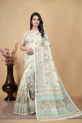 Digital Printed Linen Cotton Saree, Off-White, Floral Design, Traditional Ethnic Wear