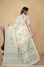 Digital Printed Linen Cotton Saree, Off-White, Floral Design, Traditional Ethnic Wear