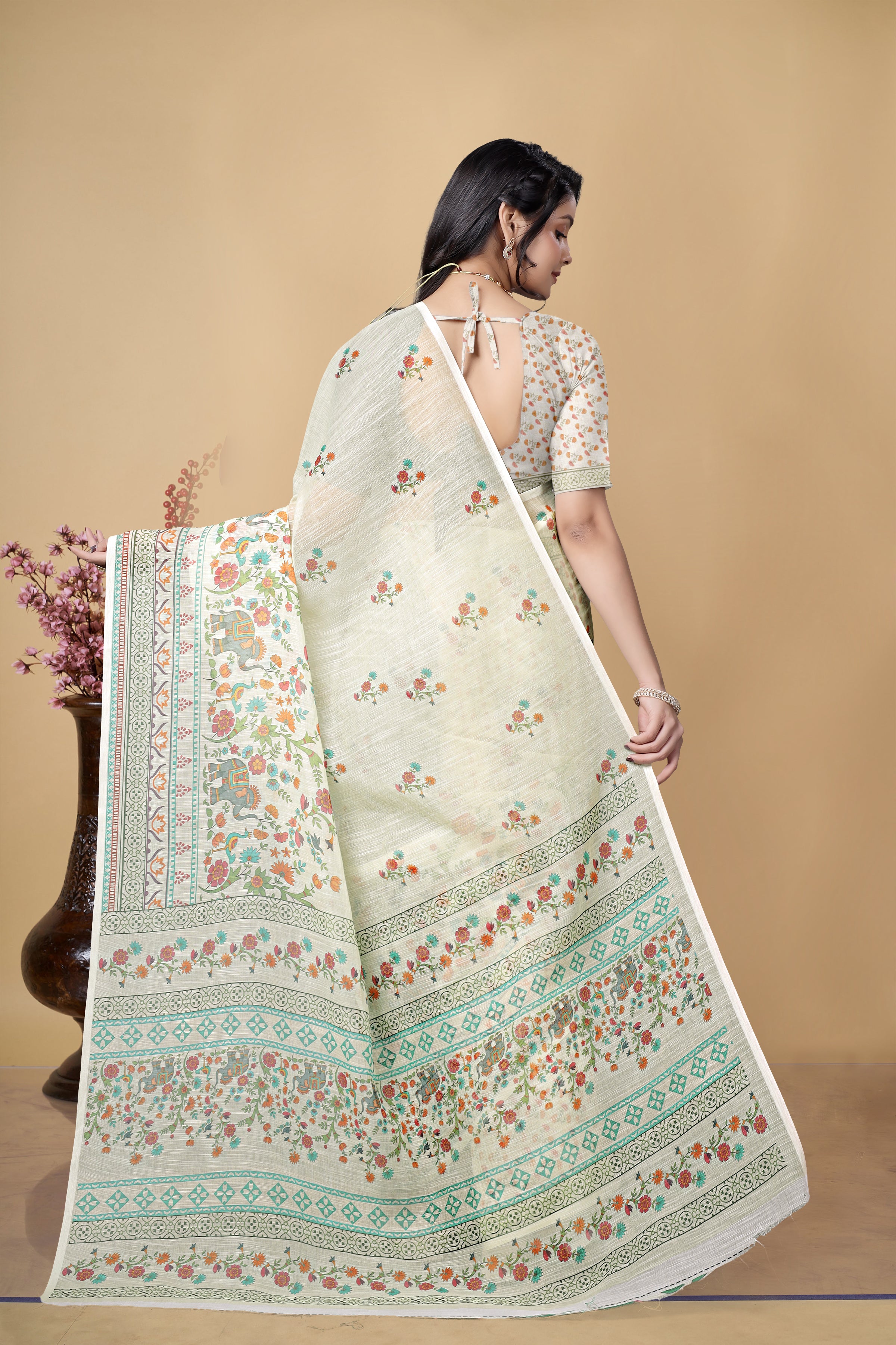 Digital Printed Linen Cotton Saree, Off-White, Floral Design, Traditional Ethnic Wear
