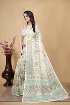 Digital Printed Linen Cotton Saree, Off-White, Floral Design, Traditional Ethnic Wear