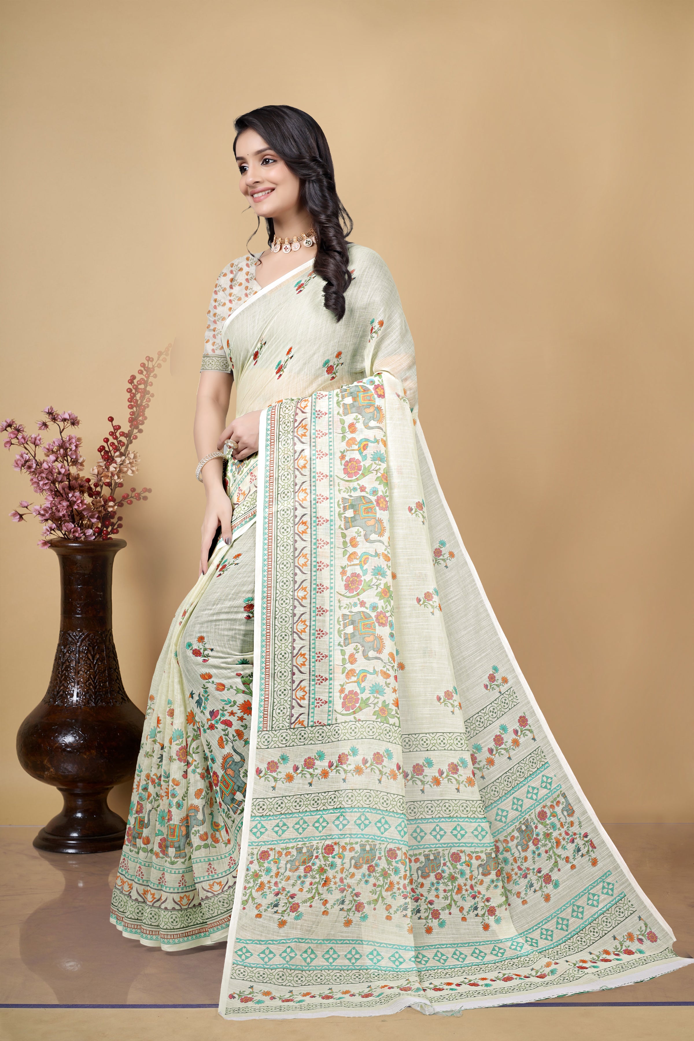 Digital Printed Linen Cotton Saree, Off-White, Floral Design, Traditional Ethnic Wear