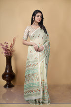 Digital Printed Linen Cotton Saree, Off-White, Floral Design, Traditional Ethnic Wear