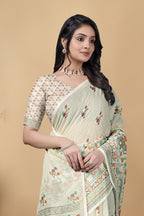 Digital Printed Linen Cotton Saree, Off-White, Floral Design, Traditional Ethnic Wear